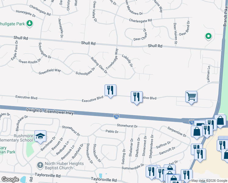 map of restaurants, bars, coffee shops, grocery stores, and more near 6580 Rolling Glen Dr in Dayton