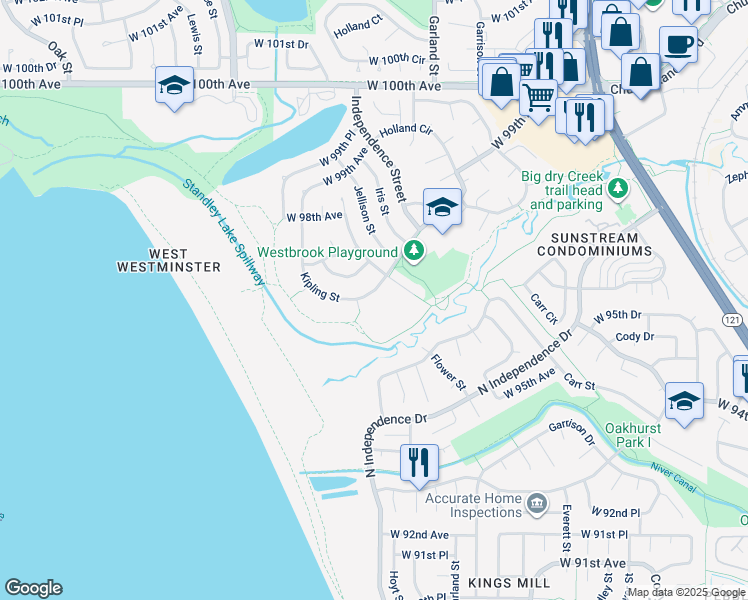 map of restaurants, bars, coffee shops, grocery stores, and more near 9703 Kipling Street in Westminster