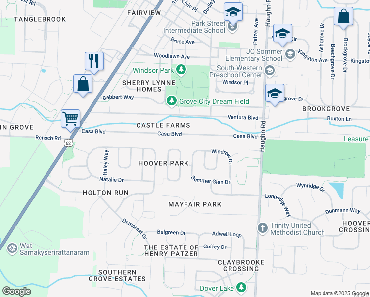 map of restaurants, bars, coffee shops, grocery stores, and more near 3879 Casa Boulevard in Grove City