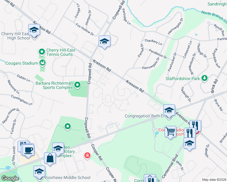 map of restaurants, bars, coffee shops, grocery stores, and more near 513 Chanticleer in Cherry Hill