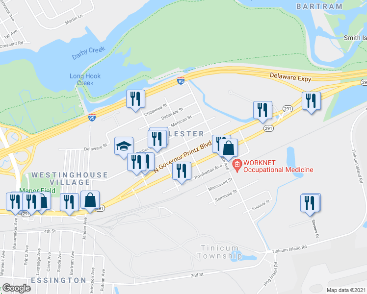 map of restaurants, bars, coffee shops, grocery stores, and more near 239 Seneca Street in Delaware County