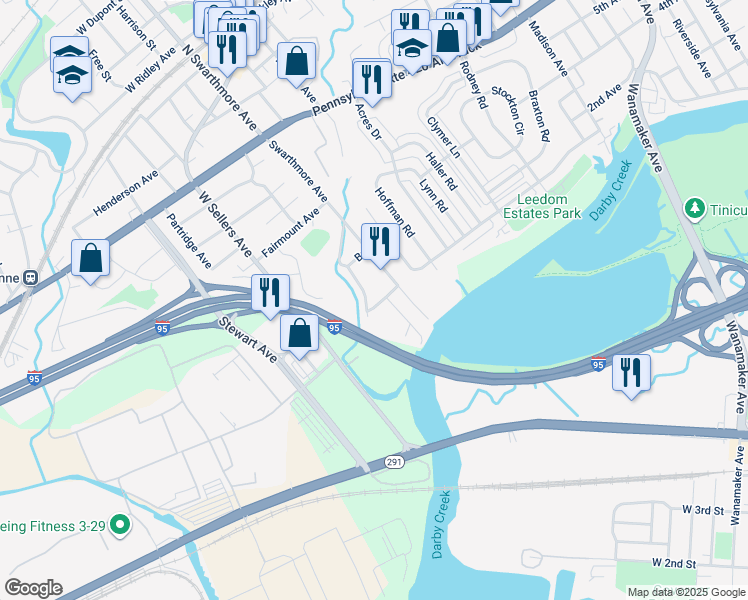 map of restaurants, bars, coffee shops, grocery stores, and more near 123 Orchard Road in Ridley Park