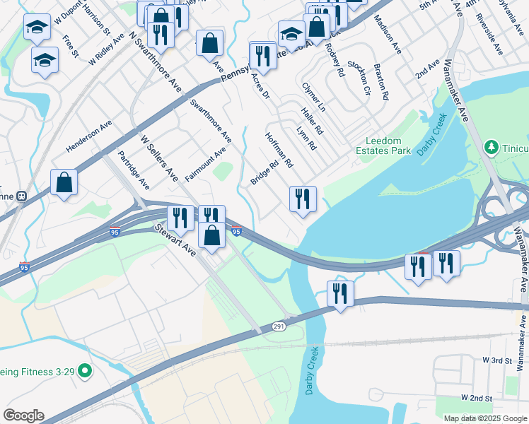 map of restaurants, bars, coffee shops, grocery stores, and more near 123 Orchard Road in Ridley Park
