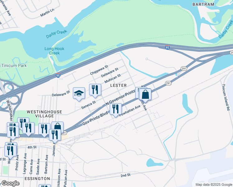 map of restaurants, bars, coffee shops, grocery stores, and more near 239 Seneca Street in Delaware County