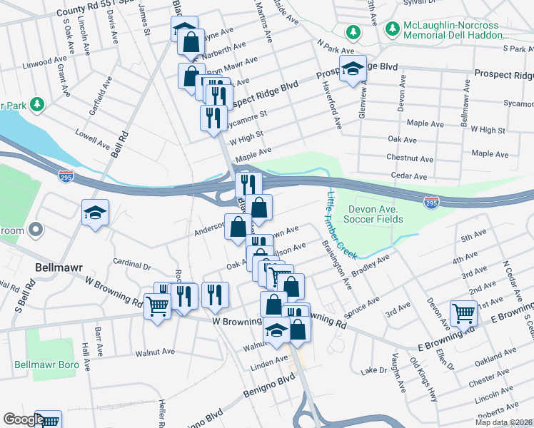 map of restaurants, bars, coffee shops, grocery stores, and more near 6 Hendrickson Avenue in Bellmawr