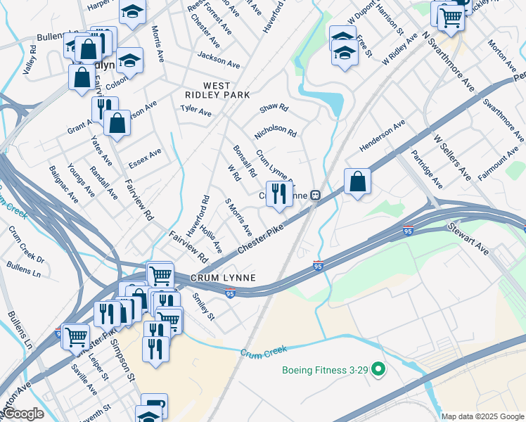 map of restaurants, bars, coffee shops, grocery stores, and more near 319 Sloan Street in Crum Lynne