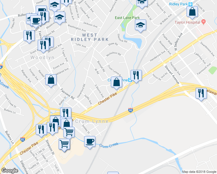 map of restaurants, bars, coffee shops, grocery stores, and more near 319 Sloan Street in Crum Lynne
