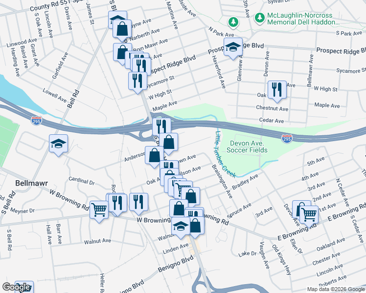 map of restaurants, bars, coffee shops, grocery stores, and more near Apple Avenue in Bellmawr