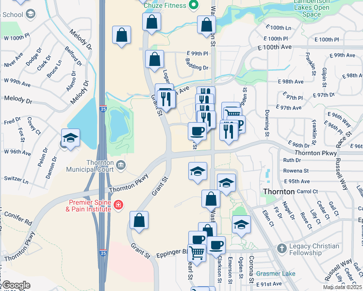 map of restaurants, bars, coffee shops, grocery stores, and more near 501 Thornton Parkway in Denver