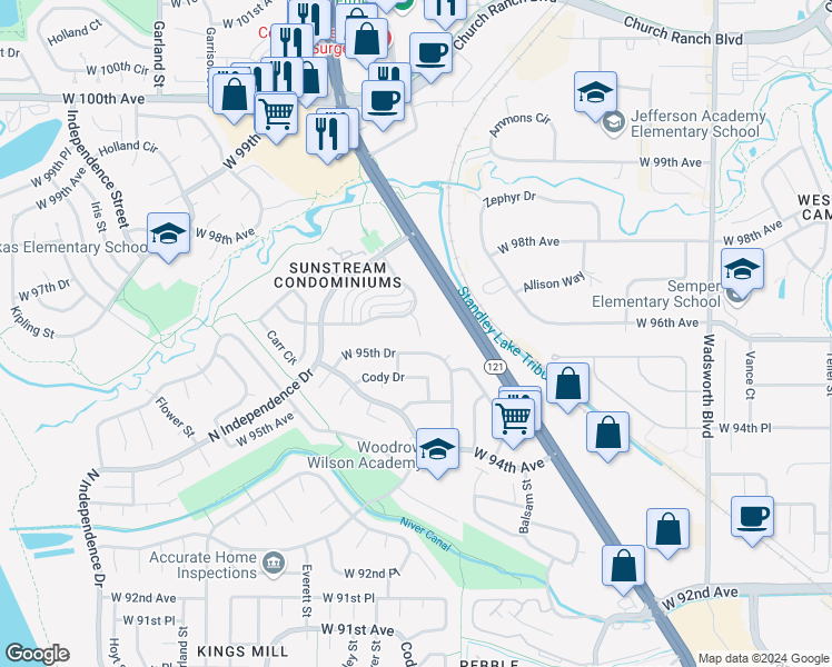 map of restaurants, bars, coffee shops, grocery stores, and more near 9604 Brentwood Way in Westminster
