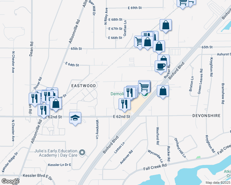 map of restaurants, bars, coffee shops, grocery stores, and more near 4949 East 64th Street in Indianapolis