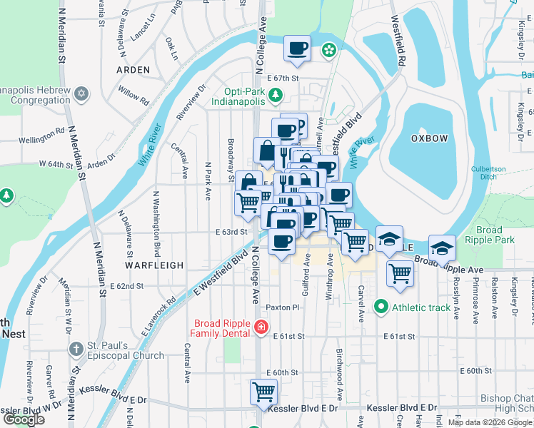 map of restaurants, bars, coffee shops, grocery stores, and more near 712 East 63rd Place in Indianapolis