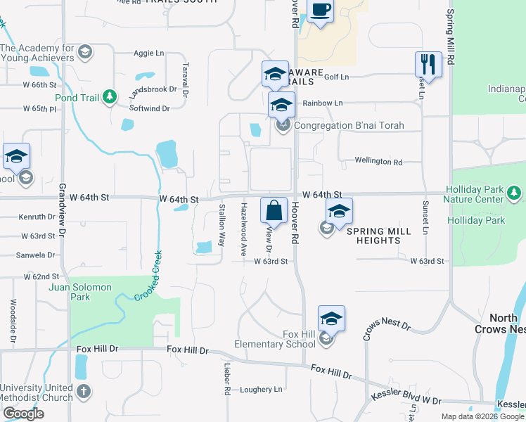 map of restaurants, bars, coffee shops, grocery stores, and more near 815 West 64th Street in Indianapolis