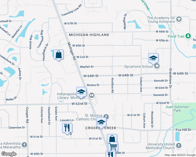 map of restaurants, bars, coffee shops, grocery stores, and more near 2221 West 64th Street in Indianapolis