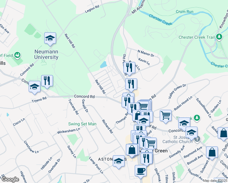 map of restaurants, bars, coffee shops, grocery stores, and more near 185 5th Avenue in Media