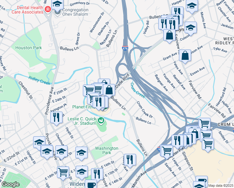 map of restaurants, bars, coffee shops, grocery stores, and more near 243 Derwood Drive in Woodlyn