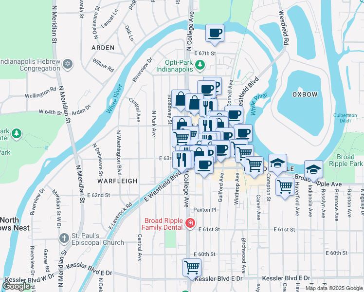 map of restaurants, bars, coffee shops, grocery stores, and more near 6346 North College Avenue in Indianapolis