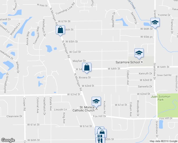 map of restaurants, bars, coffee shops, grocery stores, and more near 2221 West 64th Street in Indianapolis