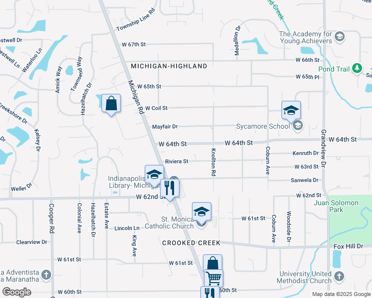 map of restaurants, bars, coffee shops, grocery stores, and more near 2221 West 64th Street in Indianapolis