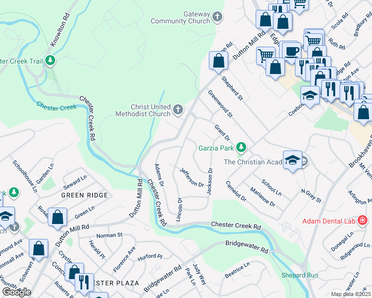 map of restaurants, bars, coffee shops, grocery stores, and more near 704 Lincoln Drive in Brookhaven