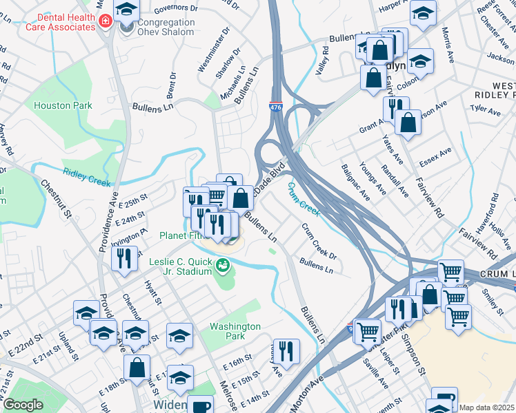 map of restaurants, bars, coffee shops, grocery stores, and more near 243 Derwood Drive in Woodlyn