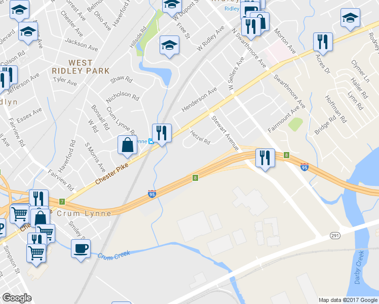 map of restaurants, bars, coffee shops, grocery stores, and more near 37 Collier Circle in Ridley Park