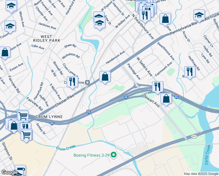 map of restaurants, bars, coffee shops, grocery stores, and more near 37 Collier Circle in Ridley Park