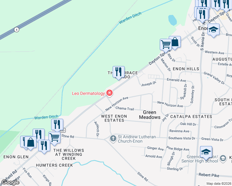 map of restaurants, bars, coffee shops, grocery stores, and more near 7133 Dayton Springfield Rd in Enon