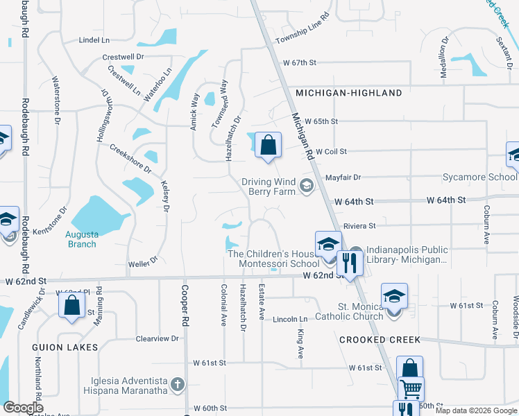 map of restaurants, bars, coffee shops, grocery stores, and more near 6355 Hazelhatch Drive in Indianapolis