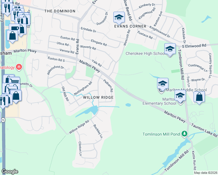 map of restaurants, bars, coffee shops, grocery stores, and more near 9 Pelham Road in Evesham