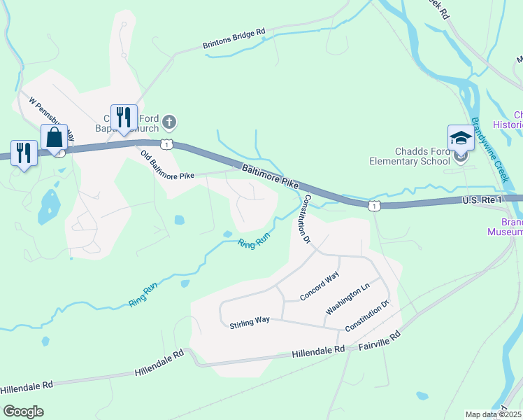 map of restaurants, bars, coffee shops, grocery stores, and more near 1009 North Ridge Road in Chadds Ford