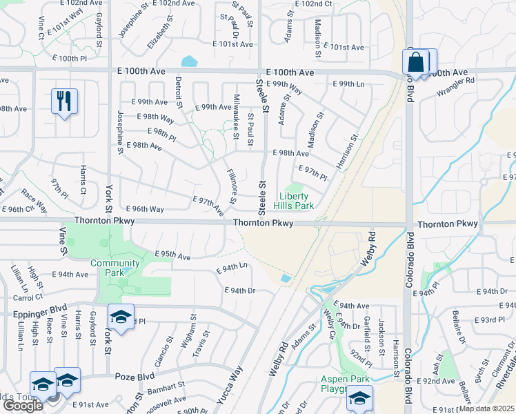 map of restaurants, bars, coffee shops, grocery stores, and more near 9680 Steele Street in Thornton