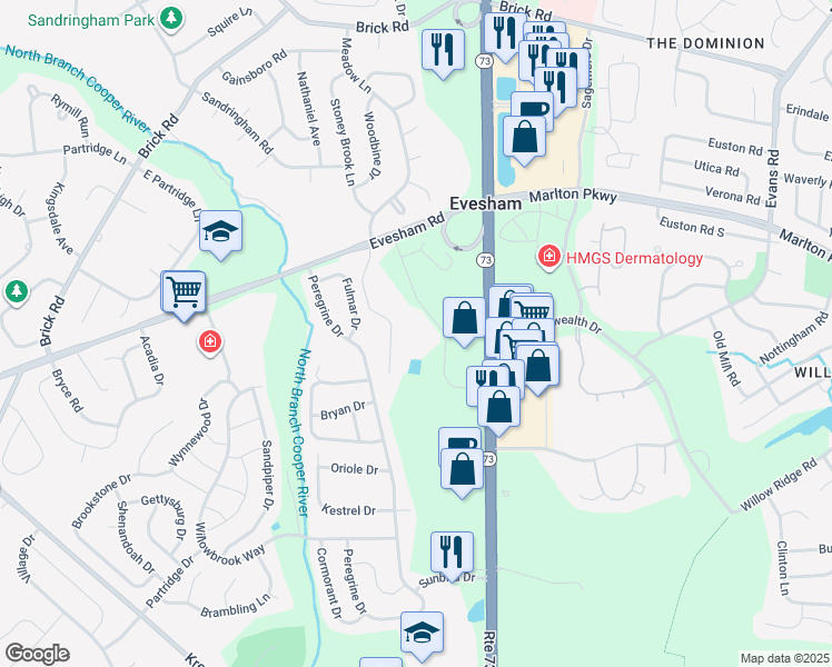 map of restaurants, bars, coffee shops, grocery stores, and more near 4 Executive Drive in Evesham
