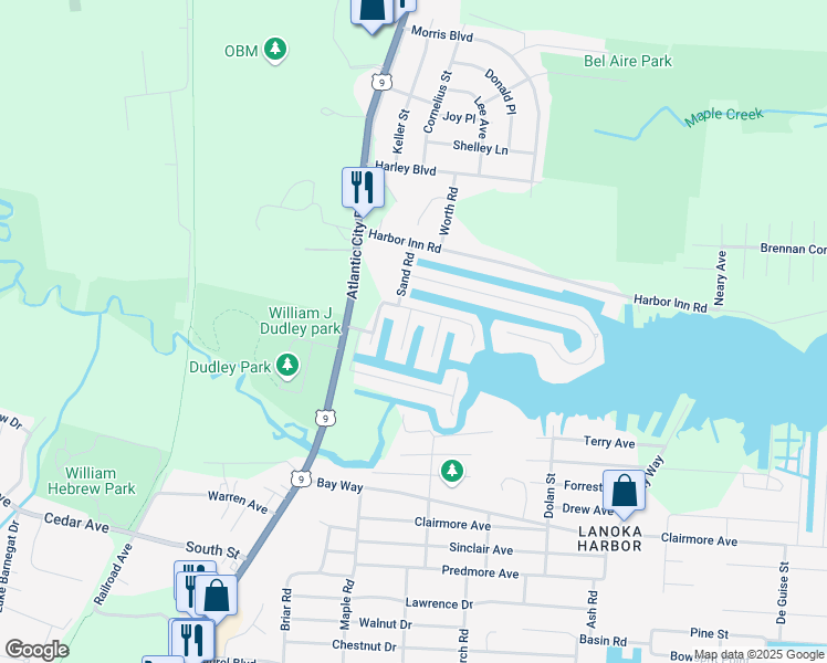 map of restaurants, bars, coffee shops, grocery stores, and more near 9 Albatross Point in Berkeley Township