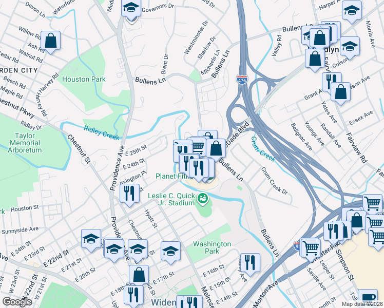map of restaurants, bars, coffee shops, grocery stores, and more near 1944 Ridley Mill Lane in Woodlyn