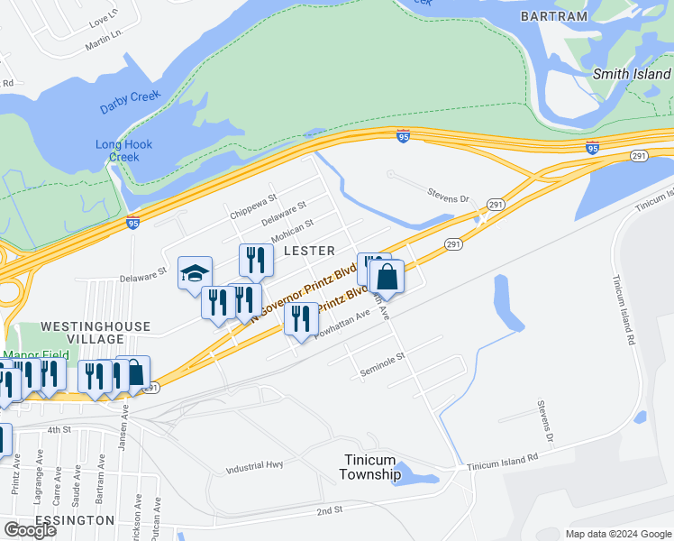 map of restaurants, bars, coffee shops, grocery stores, and more near 322 North Governor Printz Boulevard in Tinicum Township