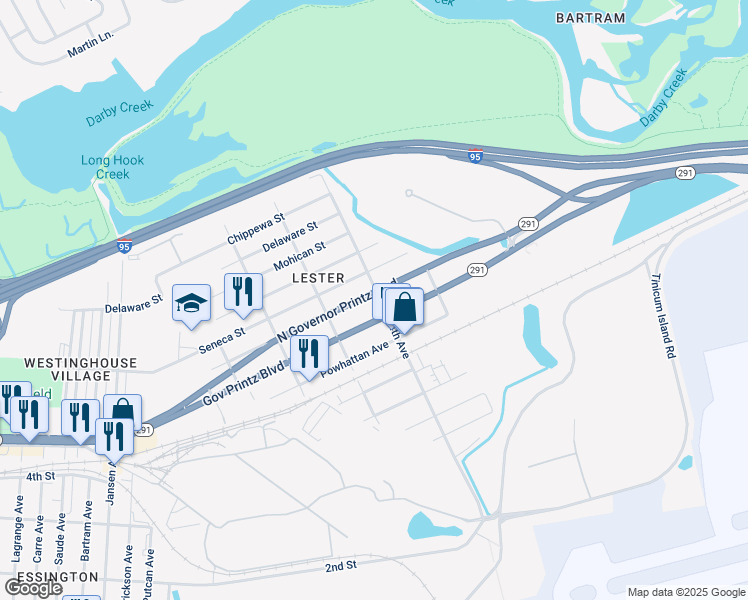 map of restaurants, bars, coffee shops, grocery stores, and more near 347 North Governor Printz Boulevard in Tinicum Township