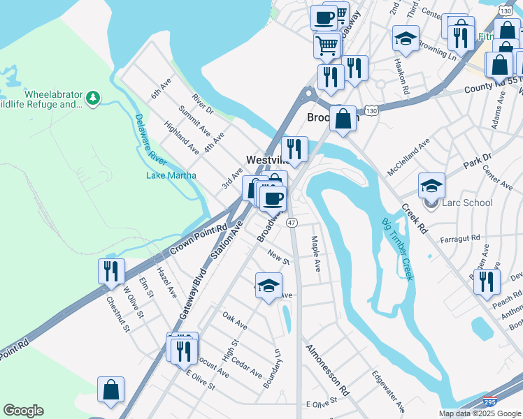 map of restaurants, bars, coffee shops, grocery stores, and more near 153 Crown Point Road in Westville
