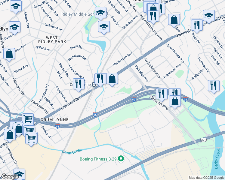 map of restaurants, bars, coffee shops, grocery stores, and more near 29 Collier Circle in Ridley Park