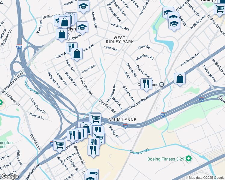map of restaurants, bars, coffee shops, grocery stores, and more near 1134 Haverford Road in Crum Lynne