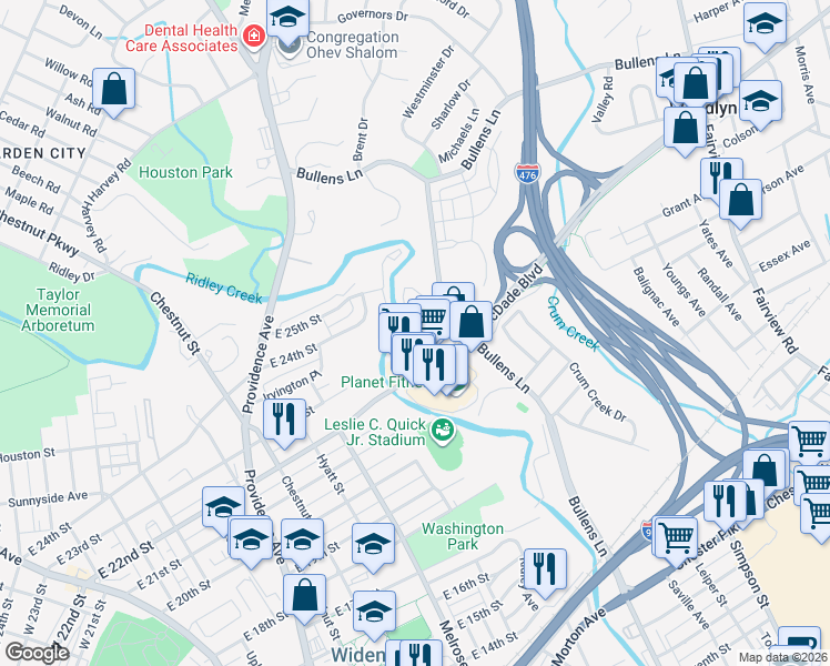 map of restaurants, bars, coffee shops, grocery stores, and more near 1944 Ridley Mill Lane in Woodlyn