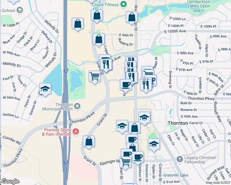 map of restaurants, bars, coffee shops, grocery stores, and more near 501 Thornton Pkwy in Denver