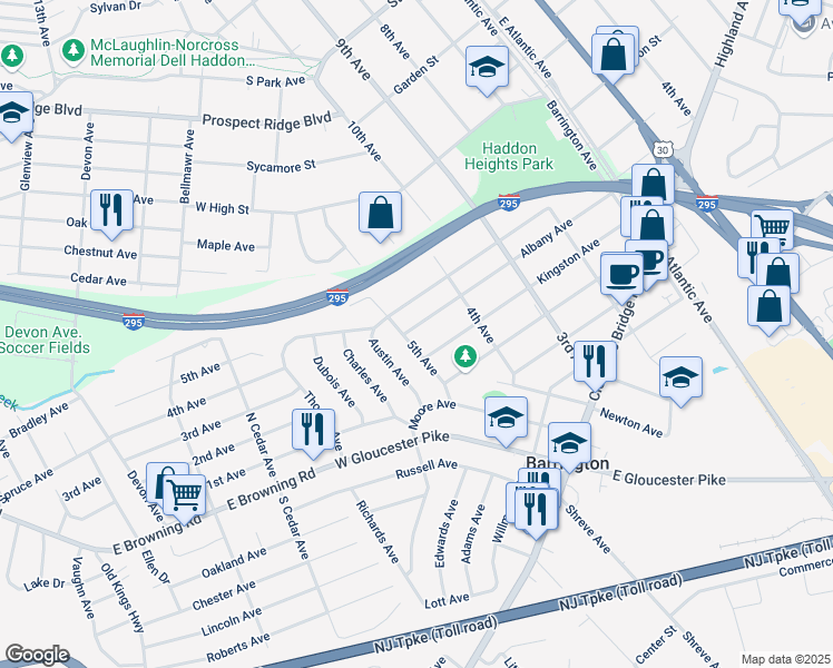 map of restaurants, bars, coffee shops, grocery stores, and more near 505 5th Avenue in Barrington