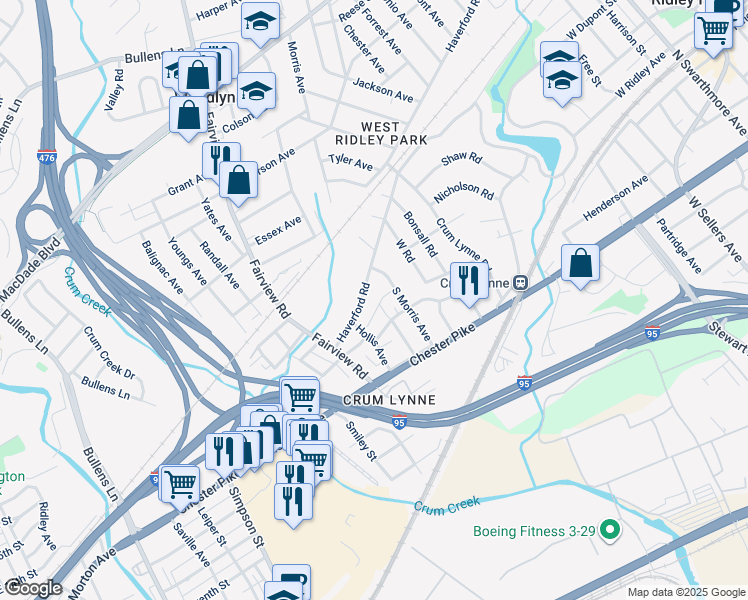 map of restaurants, bars, coffee shops, grocery stores, and more near 1134 Haverford Road in Crum Lynne