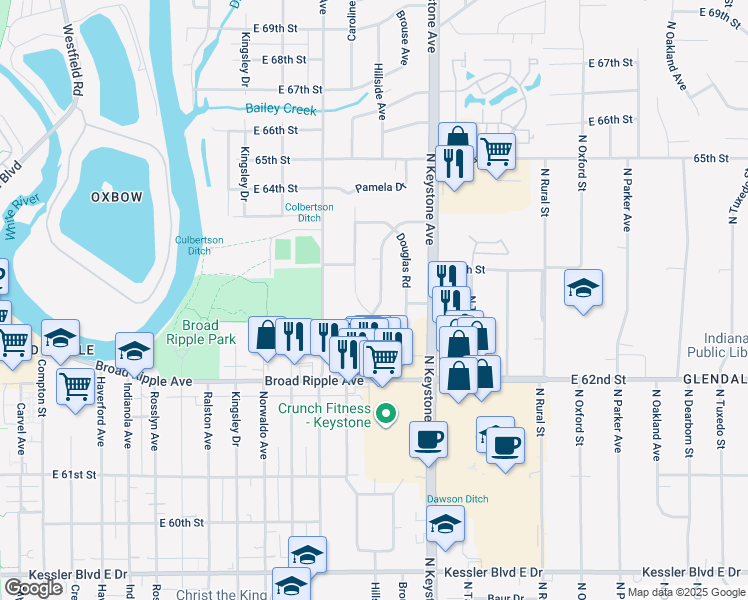 map of restaurants, bars, coffee shops, grocery stores, and more near 6303 Burlington Avenue in Indianapolis
