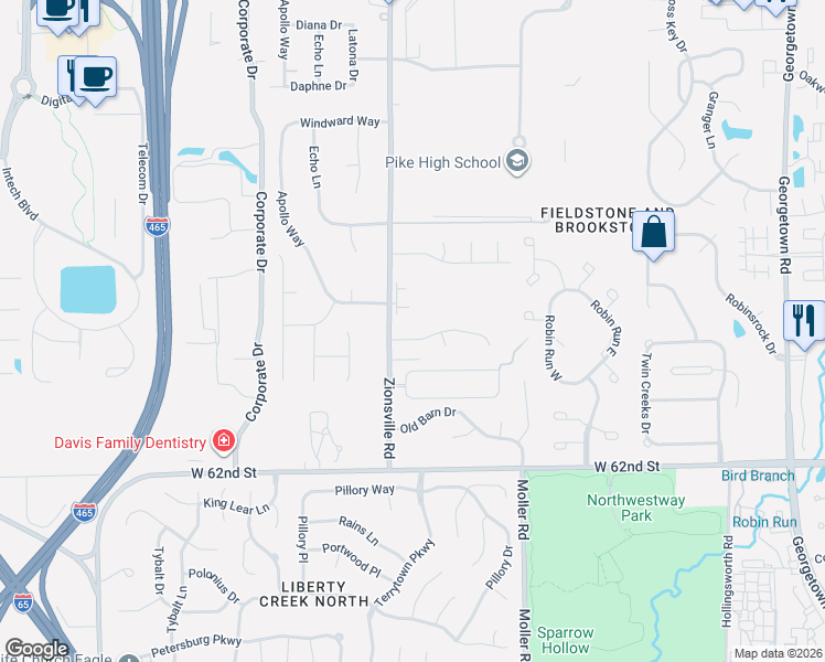 map of restaurants, bars, coffee shops, grocery stores, and more near 5538 North Meadow Drive in Indianapolis