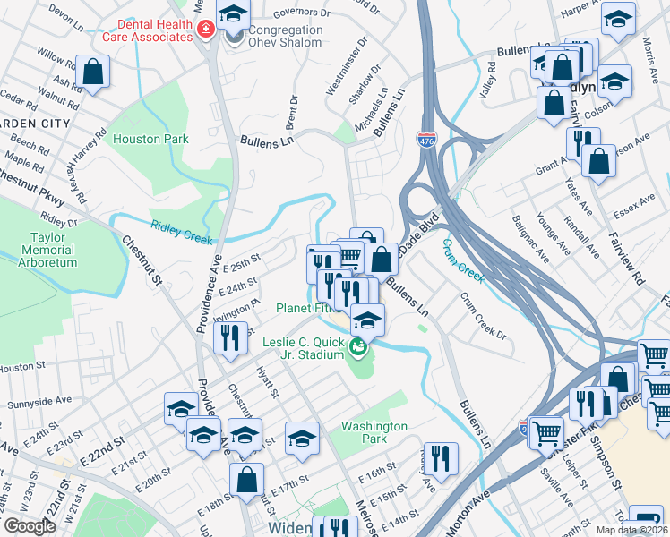 map of restaurants, bars, coffee shops, grocery stores, and more near 1944 Ridley Mill Lane in Woodlyn