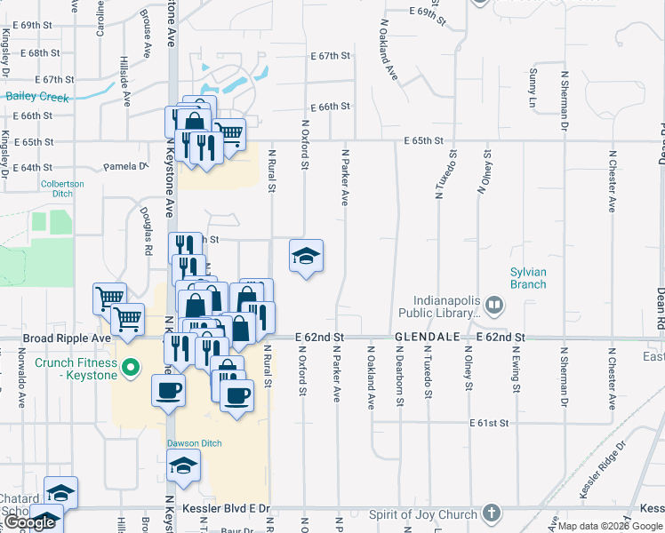 map of restaurants, bars, coffee shops, grocery stores, and more near 6312 N Parker Ave in Indianapolis