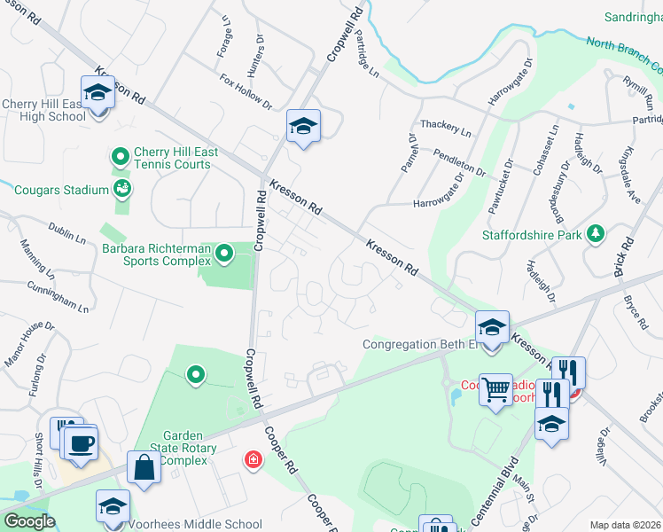 map of restaurants, bars, coffee shops, grocery stores, and more near 513 Chanticleer in Cherry Hill