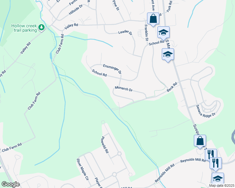 map of restaurants, bars, coffee shops, grocery stores, and more near 613 Monarch Dr in York